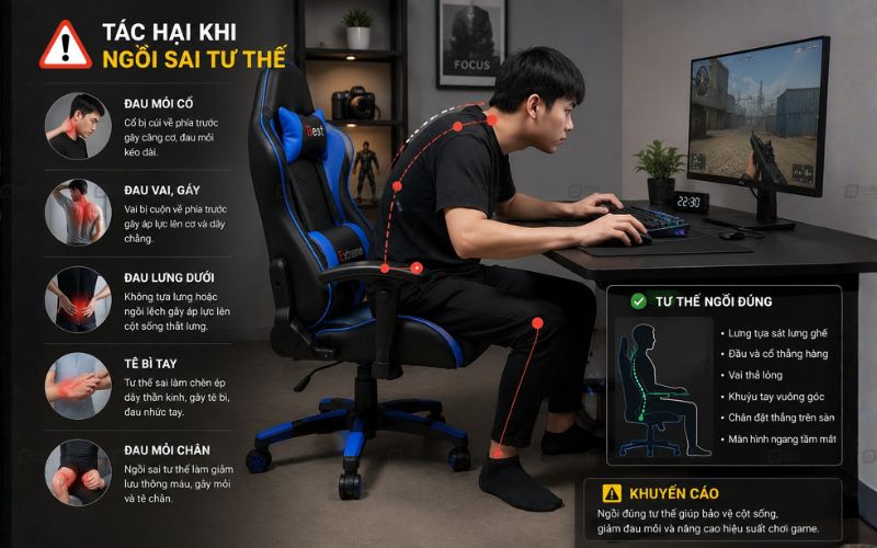 Ảnh hưởng khi ngồi ghế gaming không đúng cách