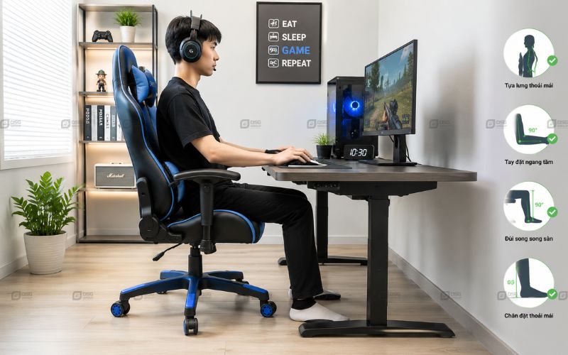 Tư thế ngồi ghế gaming chuẩn, bảo vệ cột sống